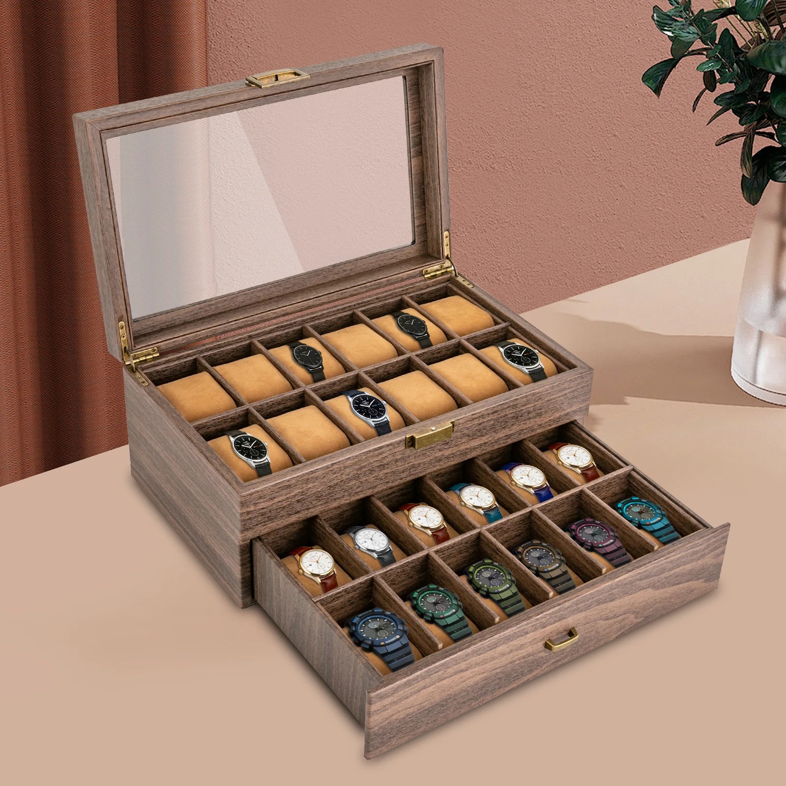 Watch Box, 24 Slots, Wooden Organizer with Soft Pillows, 2-Tier Display
