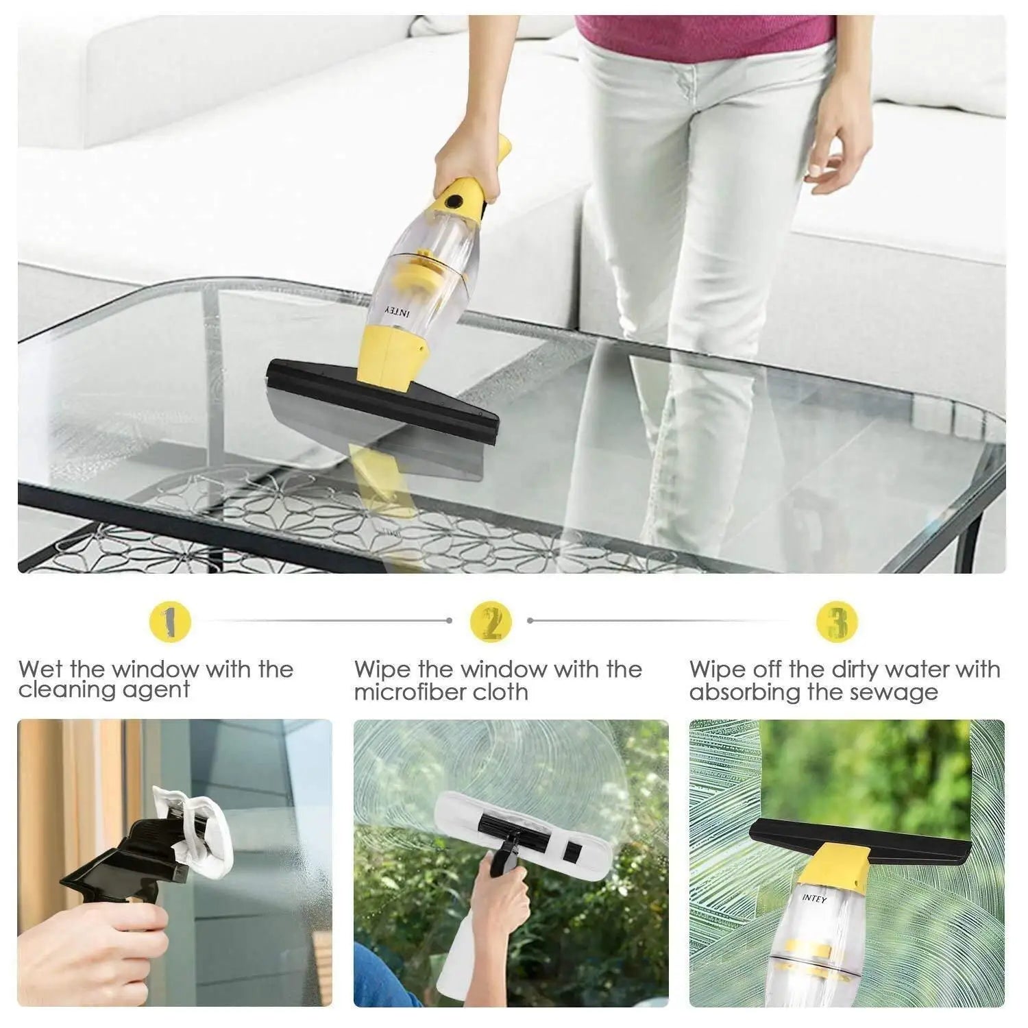 Window Vacuum Cleaner with Telescopic Handle and Spray Bottle, 280mm Blade, Yellow