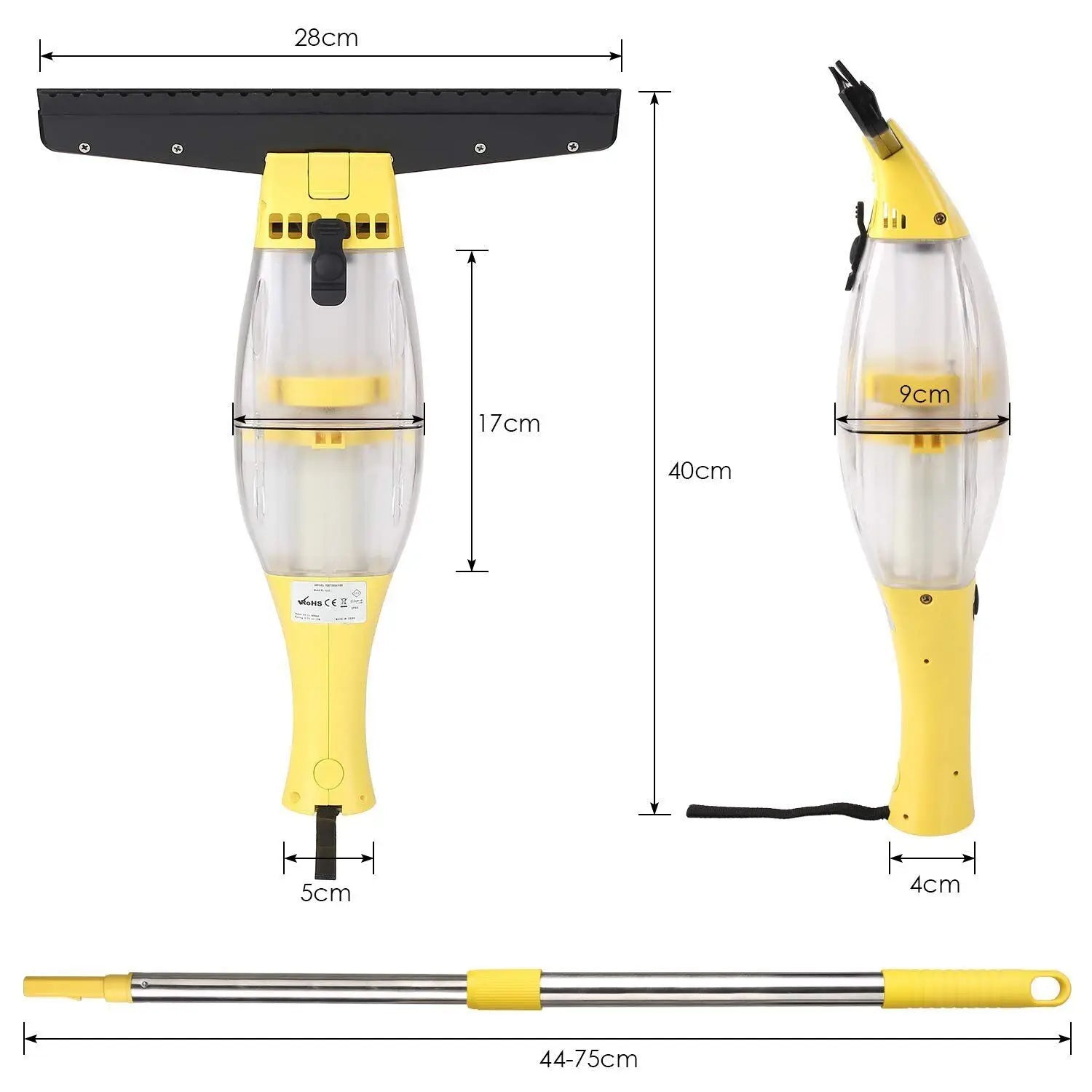 Window Vacuum Cleaner with Telescopic Handle and Spray Bottle, 280mm Blade, Yellow