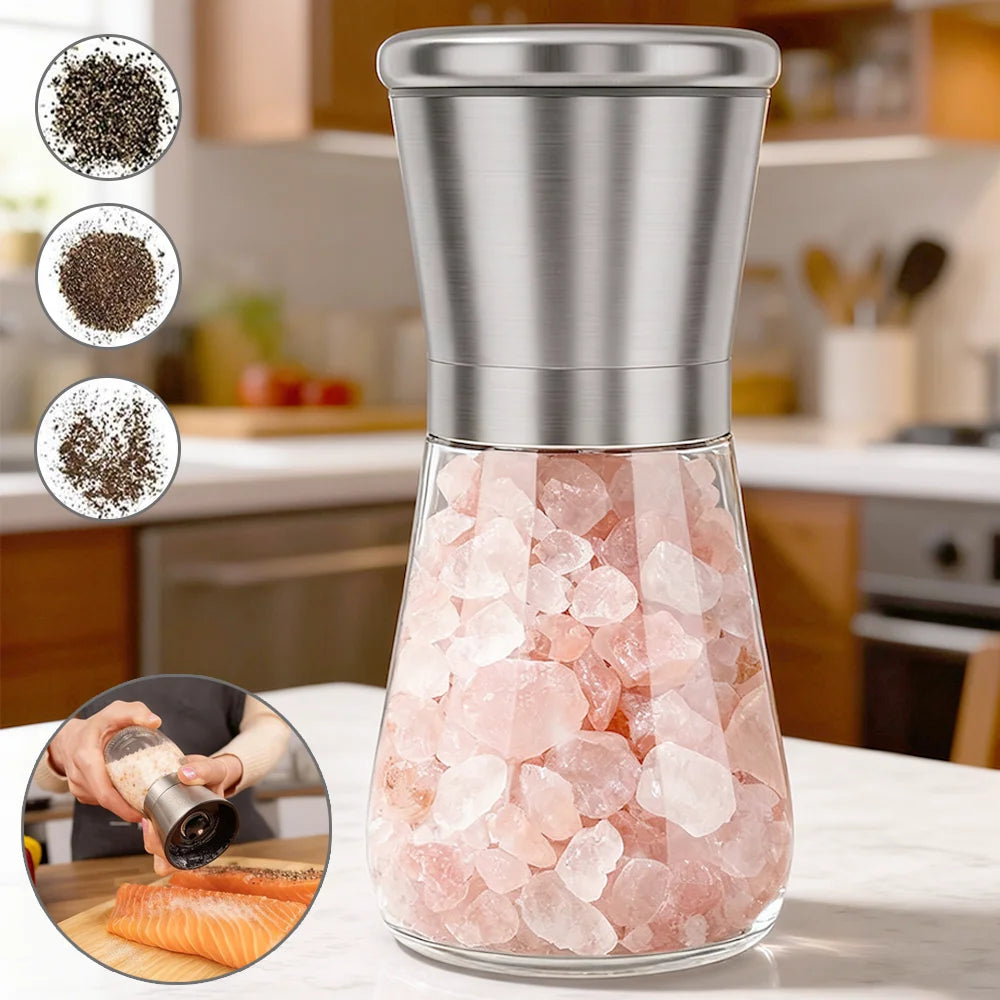 2PCS Salt and Pepper Grinder Set – Stainless Steel & Glass Adjustable Mill