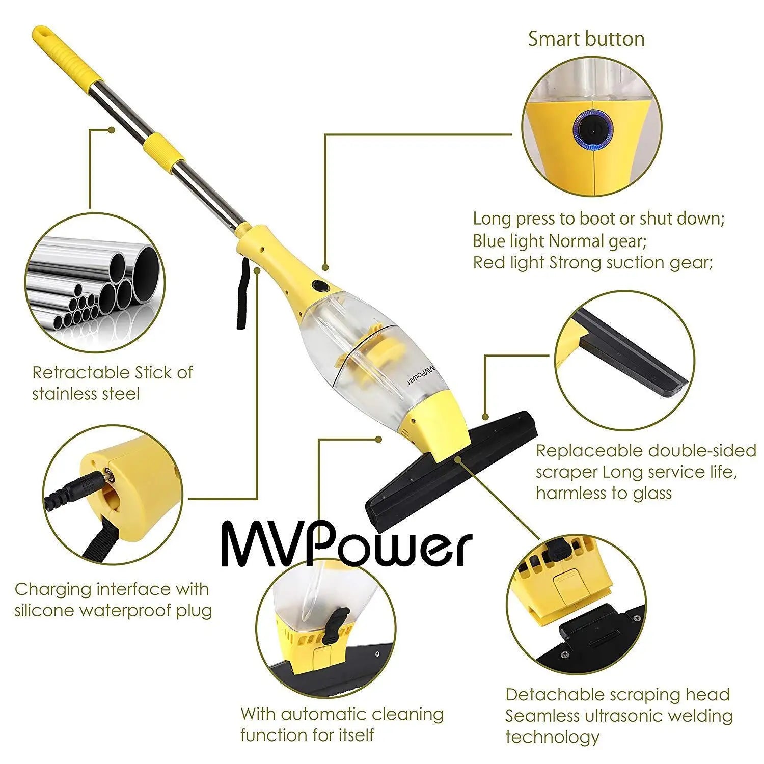 Window Vacuum Cleaner with Telescopic Handle and Spray Bottle, 280mm Blade, Yellow