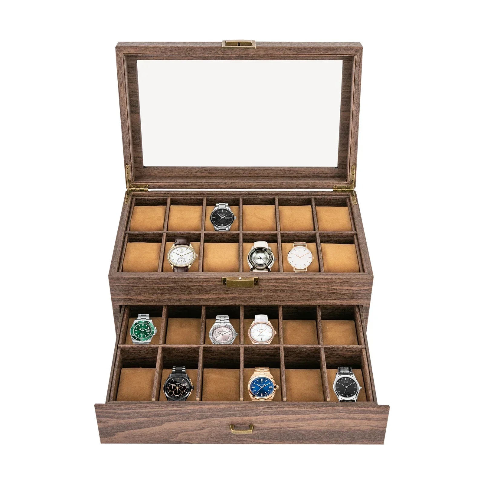 Watch Box, 24 Slots, Wooden Organizer with Soft Pillows, 2-Tier Display