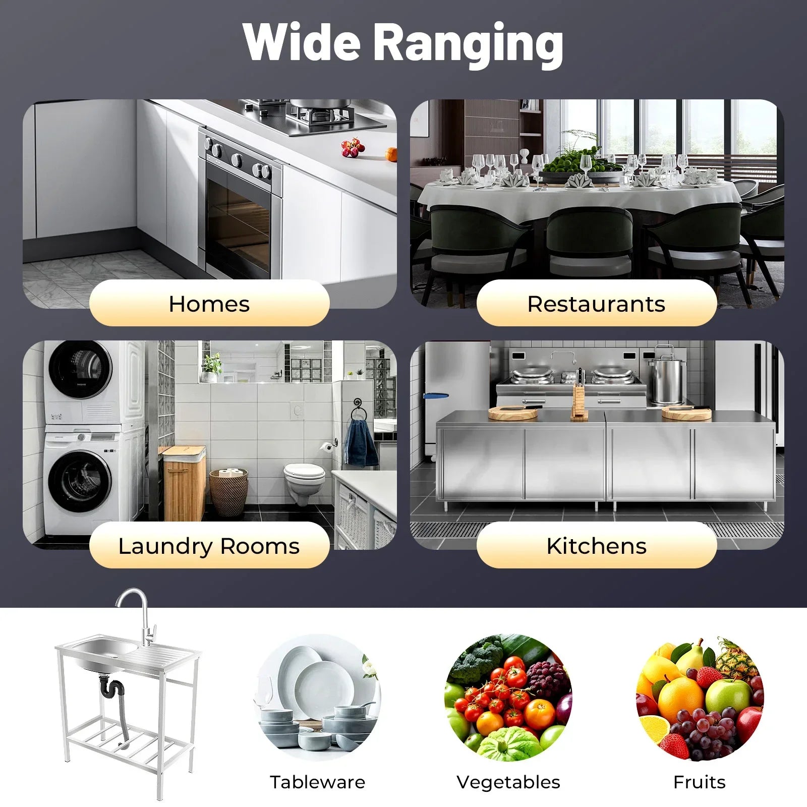 Commercial Sink, Stainless Steel, Mobile Hand Wash Basin with Tap for Kitchen or Restaurant