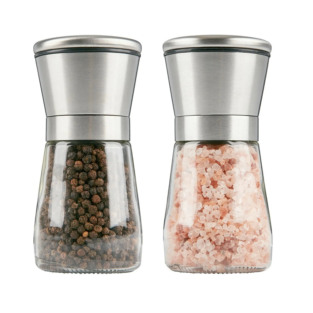 2PCS Salt and Pepper Grinder Set – Stainless Steel & Glass Adjustable Mill