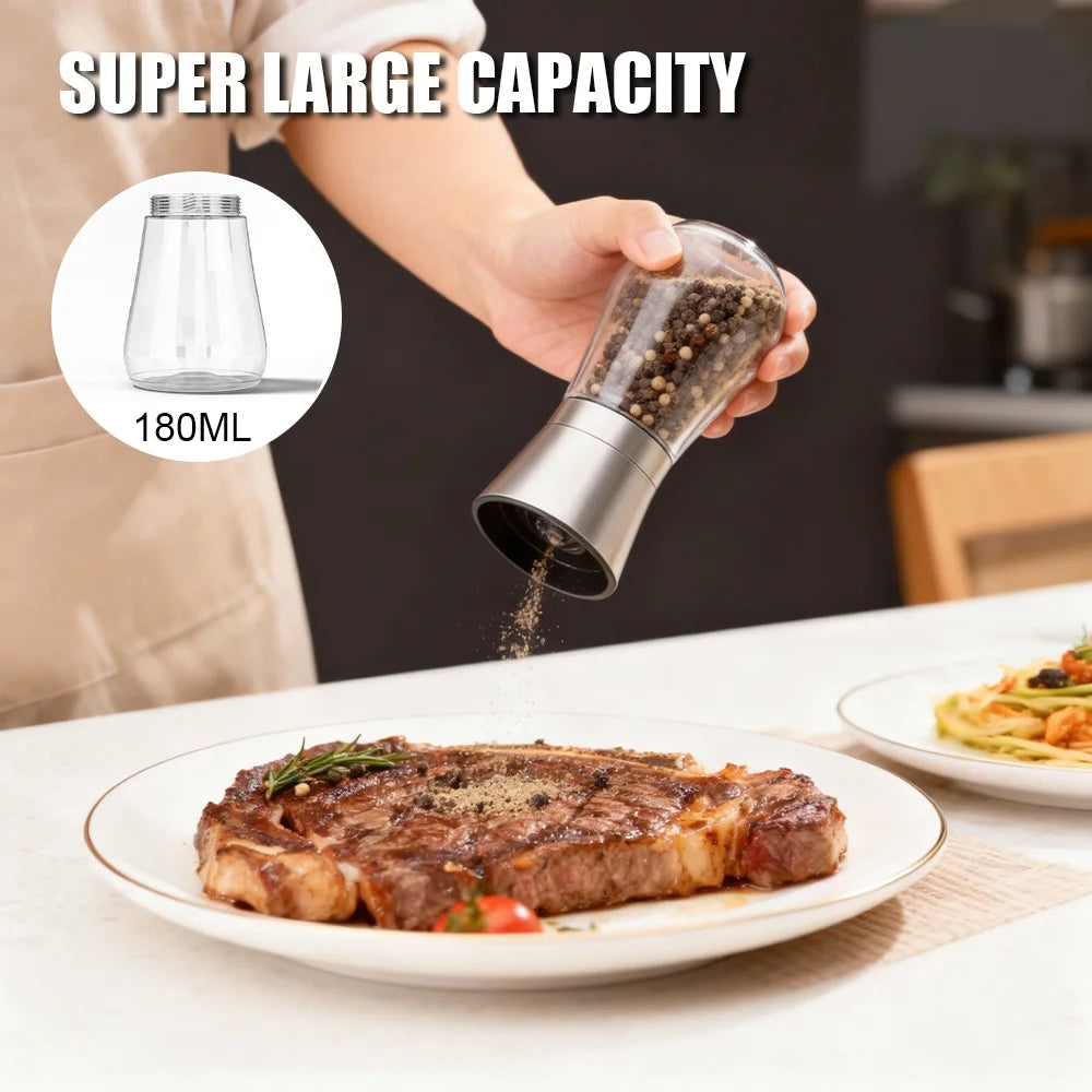 2PCS Salt and Pepper Grinder Set – Stainless Steel & Glass Adjustable Mill