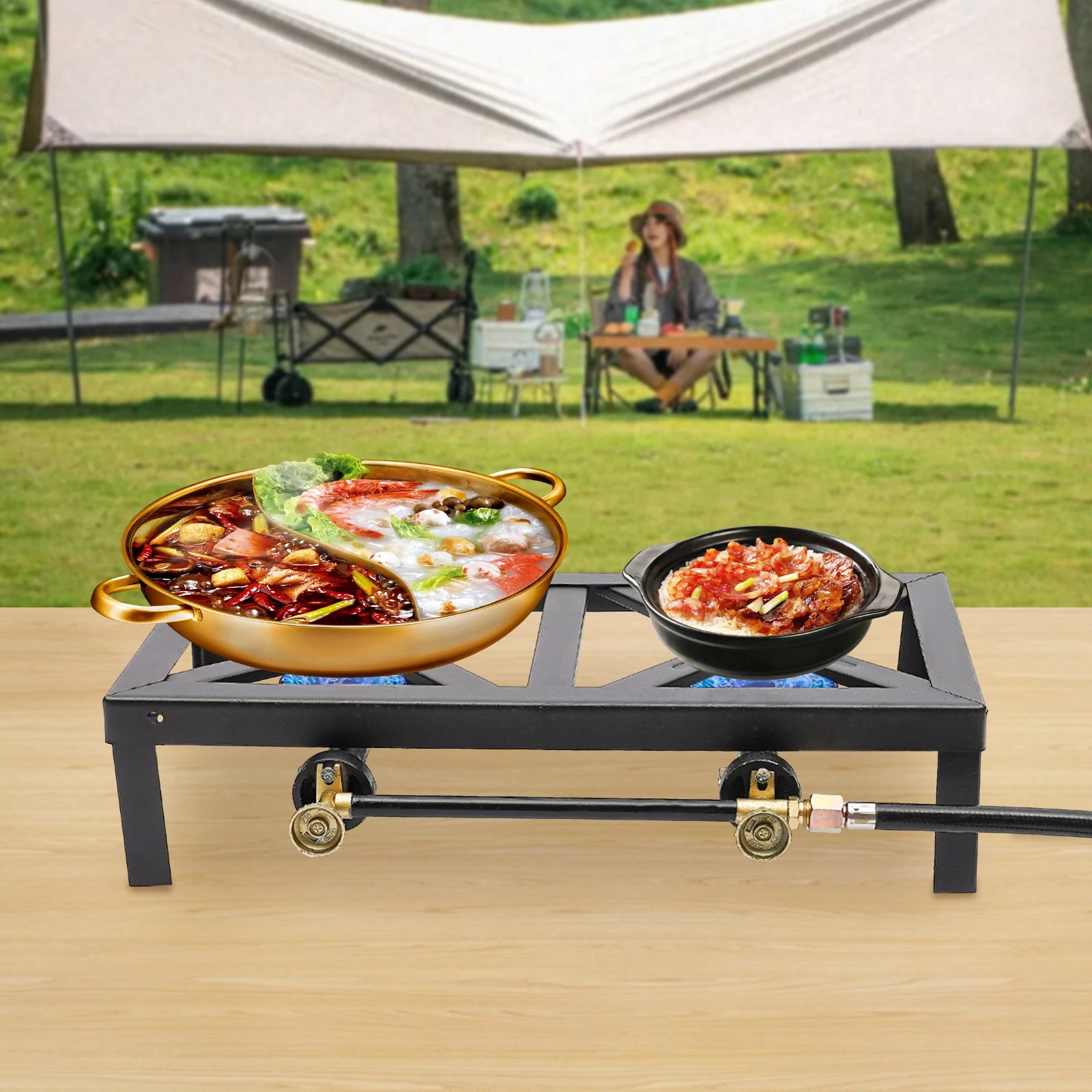 Camping Stove, Double Burner, Portable Propane Gas Cooker for Outdoor BBQ & Catering