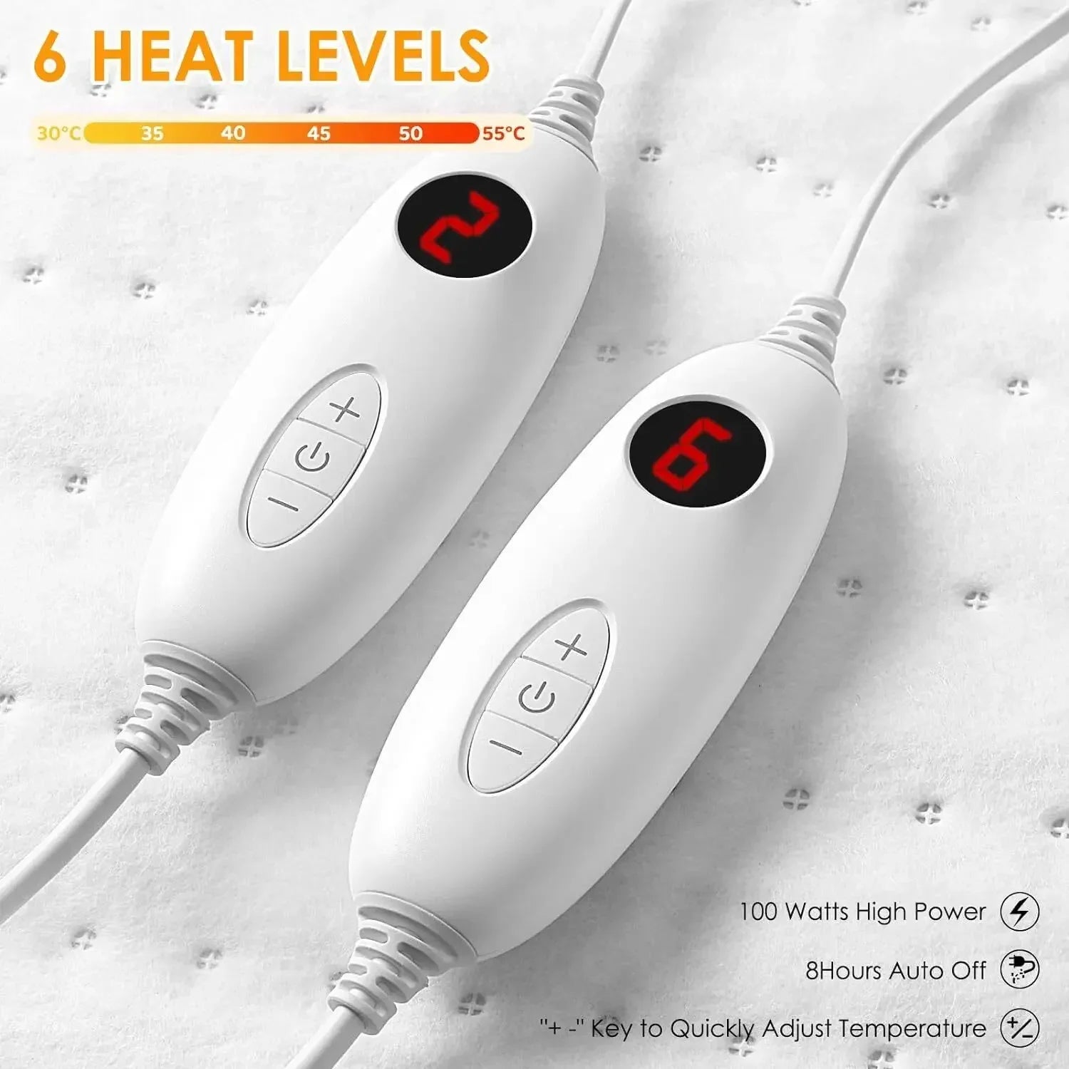 Heated Mattress Pad Twin Size 187x140cm Dual 100W Control 6 Heat Levels White